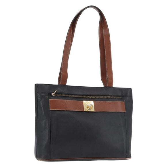 CELINE Tote Bag Leather Black Brown gold Auth YKZ204