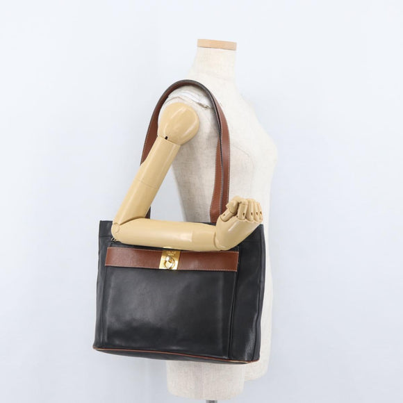 CELINE Tote Bag Leather Black Brown gold Auth YKZ204