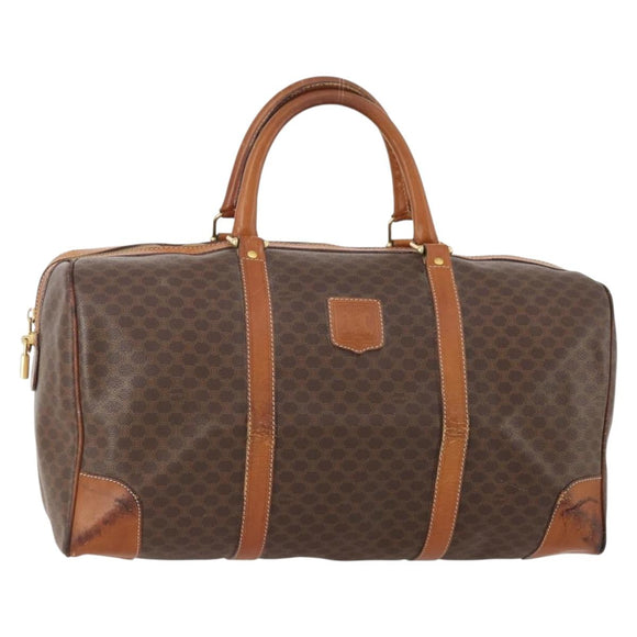 CELINE Macadam Canvas Boston Bag PVC Leather Brown Gold Auth YKZ215