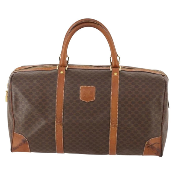 CELINE Macadam Canvas Boston Bag PVC Leather Brown Gold Auth YKZ215