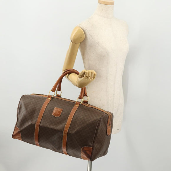 CELINE Macadam Canvas Boston Bag PVC Leather Brown Gold Auth YKZ215