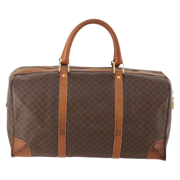CELINE Macadam Canvas Boston Bag PVC Leather Brown Gold Auth YKZ215