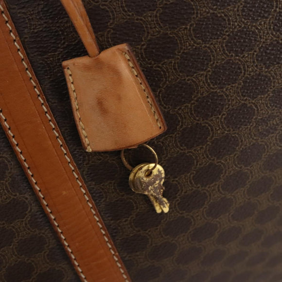 CELINE Macadam Canvas Boston Bag PVC Leather Brown Gold Auth YKZ216