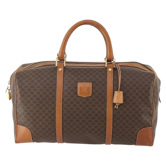 CELINE Macadam Canvas Boston Bag PVC Leather Brown Gold Auth YKZ216