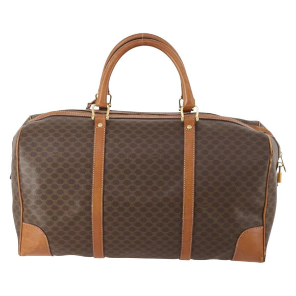 CELINE Macadam Canvas Boston Bag PVC Leather Brown Gold Auth YKZ216