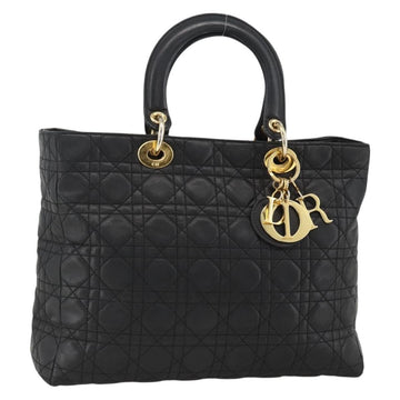 Christian Dior Canage Hand Bag Lamb Skin Black Gold Auth YKZ242A