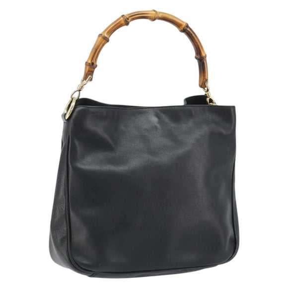 GUCCI Bamboo Hand Bag Leather Black Gold 001 1638 3754 Auth YKZ262