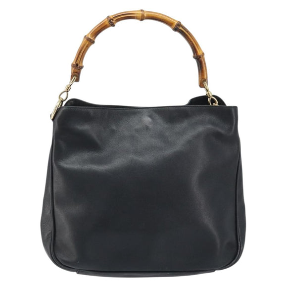GUCCI Bamboo Hand Bag Leather Black Gold 001 1638 3754 Auth YKZ262