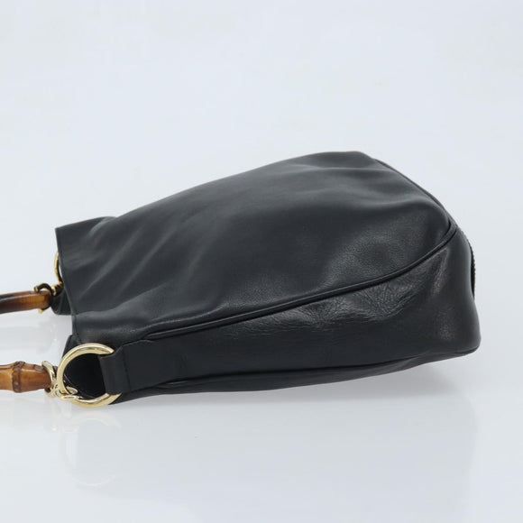 GUCCI Bamboo Hand Bag Leather Black Gold 001 1638 3754 Auth YKZ262
