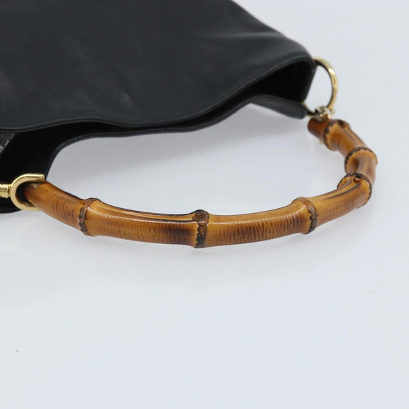 GUCCI Bamboo Hand Bag Leather Black Gold 001 1638 3754 Auth YKZ262