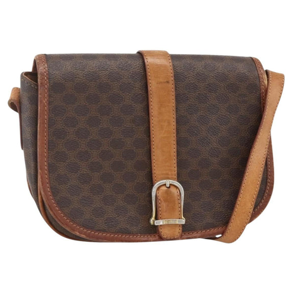 CELINE Macadam Canvas Shoulder Bag PVC Leather Brown Gold Auth YKZ286