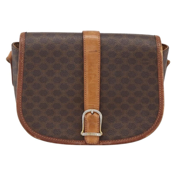 CELINE Macadam Canvas Shoulder Bag PVC Leather Brown Gold Auth YKZ286
