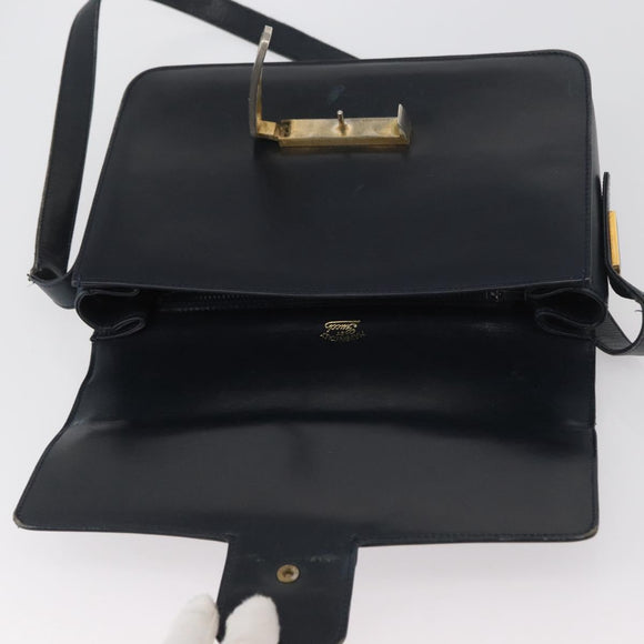 GUCCI Shoulder Bag Leather Navy Gold Auth YKZ288