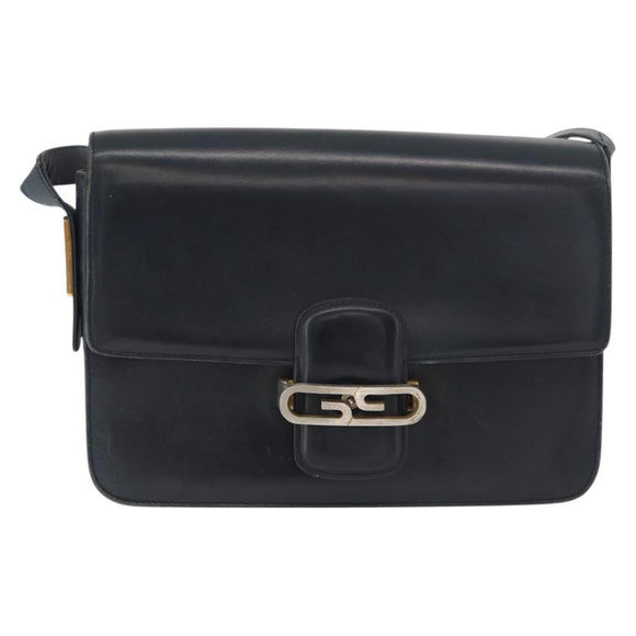 GUCCI Shoulder Bag Leather Navy Gold Auth YKZ288