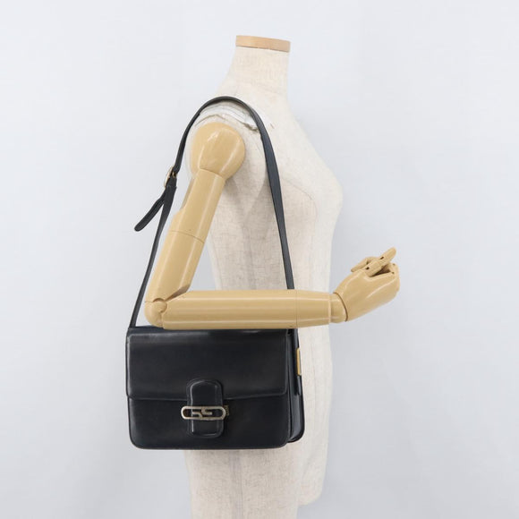 GUCCI Shoulder Bag Leather Navy Gold Auth YKZ288