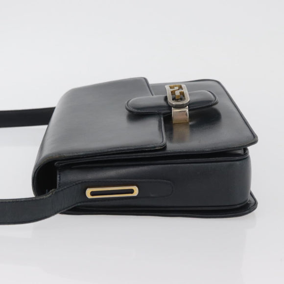 GUCCI Shoulder Bag Leather Navy Gold Auth YKZ288