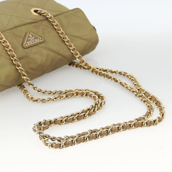 PRADA Chain Shoulder Bag Nylon Green Gold Auth YKZ308
