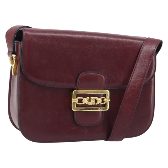 CELINE Shoulder Bag Leather Bordeaux Gold Auth YKZ314