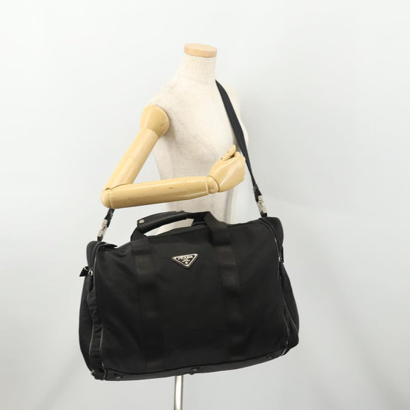 PRADA Boston Bag Nylon 2way Black Silver Auth YKZ331