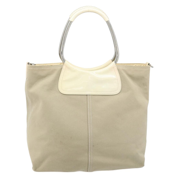 PRADA Hand Bag Canvas Beige Silver Auth YKZ359