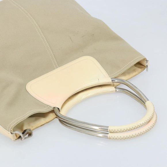 PRADA Hand Bag Canvas Beige Silver Auth YKZ359