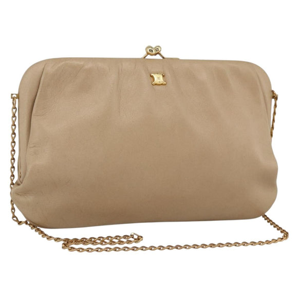 CELINE Chain Shoulder Bag Leather Beige Gold Auth YKZ364