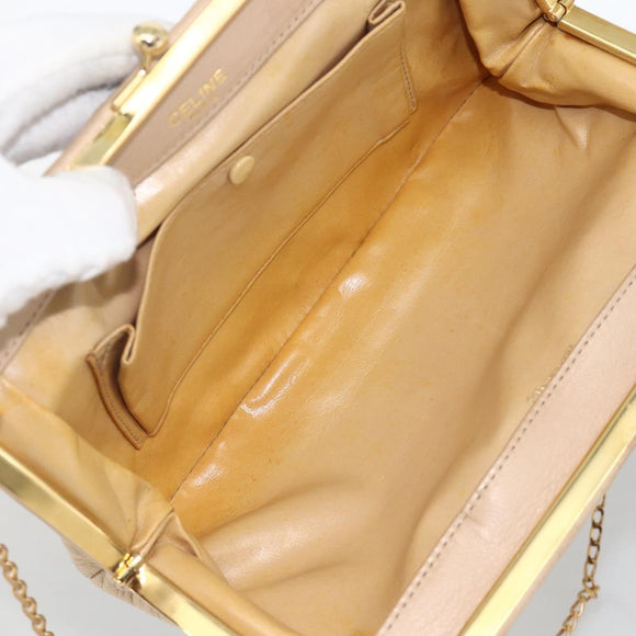 CELINE Chain Shoulder Bag Leather Beige Gold Auth YKZ364