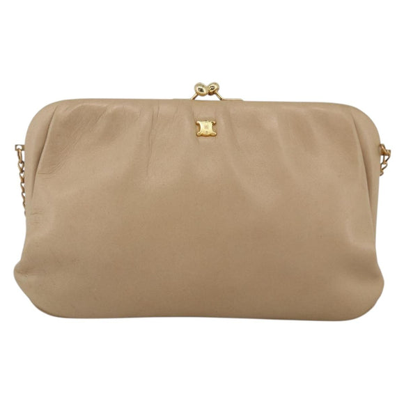 CELINE Chain Shoulder Bag Leather Beige Gold Auth YKZ364