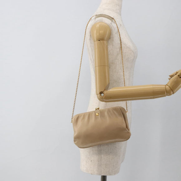 CELINE Chain Shoulder Bag Leather Beige Gold Auth YKZ364