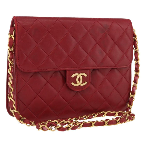 CHANEL Matelasse Chain Shoulder Bag Lamb Skin Red Gold CC Auth YKZ368