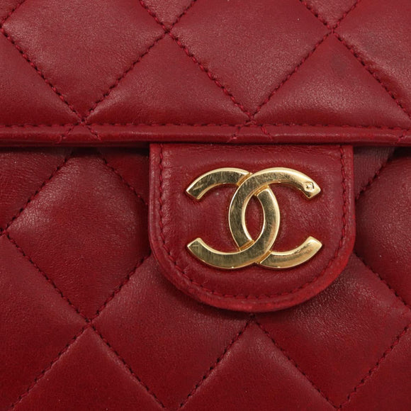 CHANEL Matelasse Chain Shoulder Bag Lamb Skin Red Gold CC Auth YKZ368