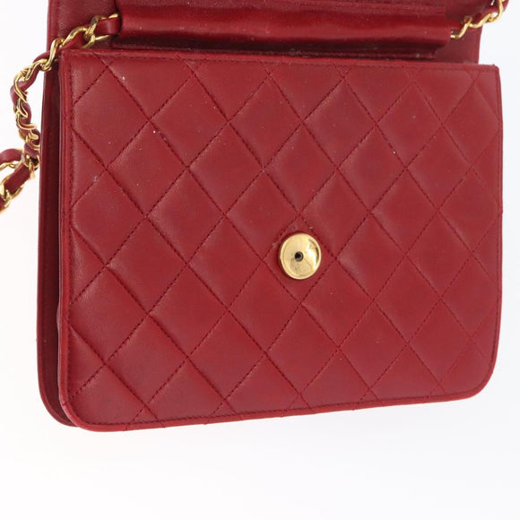 CHANEL Matelasse Chain Shoulder Bag Lamb Skin Red Gold CC Auth YKZ368