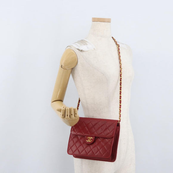 CHANEL Matelasse Chain Shoulder Bag Lamb Skin Red Gold CC Auth YKZ368