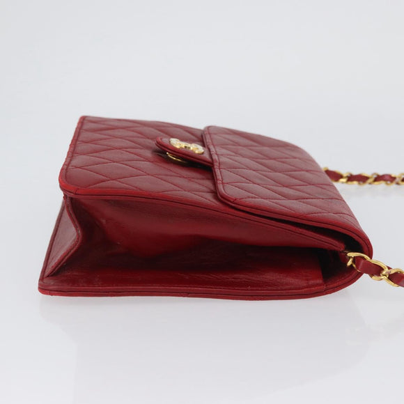 CHANEL Matelasse Chain Shoulder Bag Lamb Skin Red Gold CC Auth YKZ368