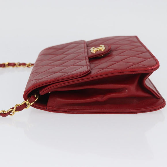 CHANEL Matelasse Chain Shoulder Bag Lamb Skin Red Gold CC Auth YKZ368