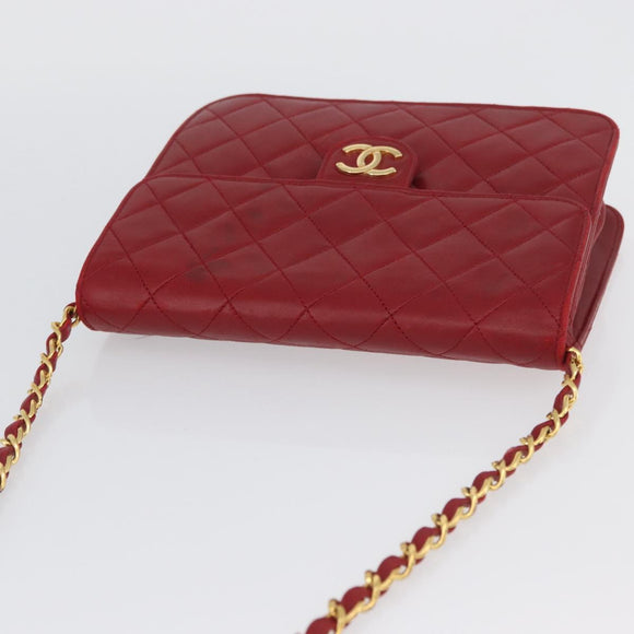 CHANEL Matelasse Chain Shoulder Bag Lamb Skin Red Gold CC Auth YKZ368