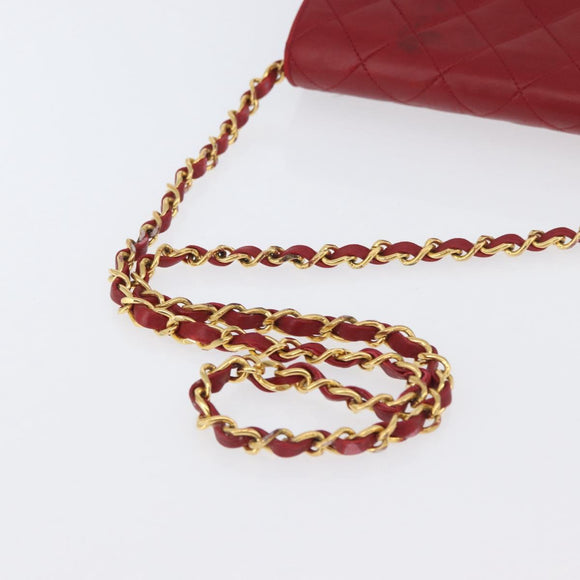 CHANEL Matelasse Chain Shoulder Bag Lamb Skin Red Gold CC Auth YKZ368