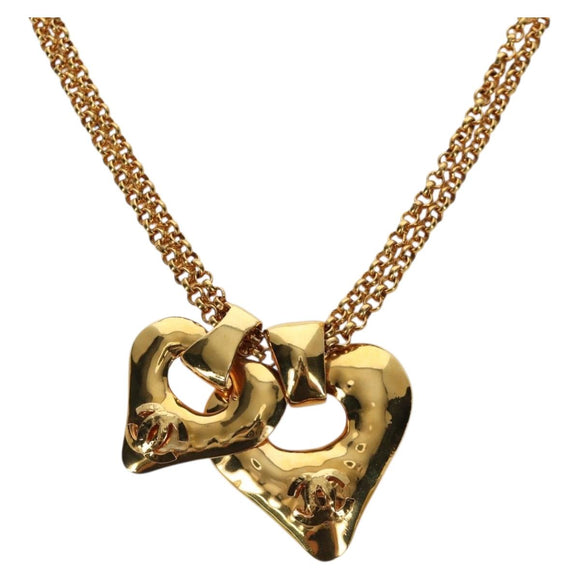 CHANEL Heart Necklace metal Gold Tone CC Auth YKZ408M