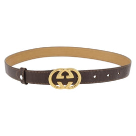GUCCI Interlocking Belt Leather 31.9"" Brown Gold Auth YKZ409