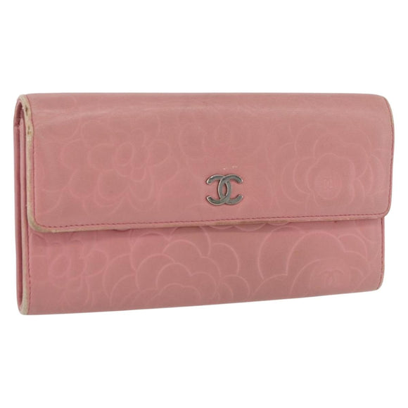 CHANEL Camelia Long Wallet Lamb Skin Pink CC Auth YKZ410