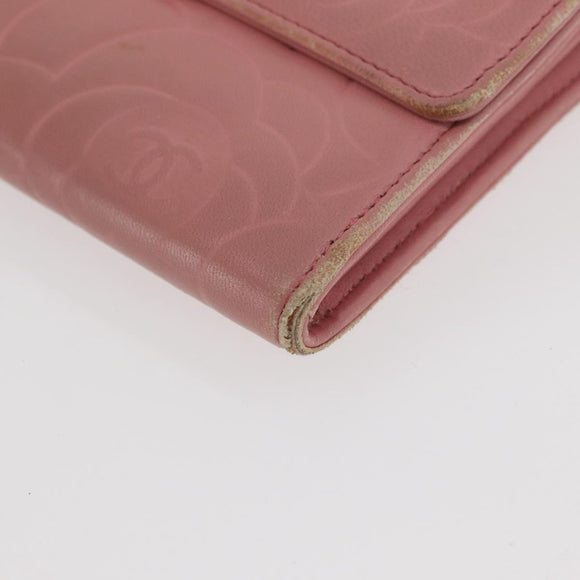 CHANEL Camelia Long Wallet Lamb Skin Pink CC Auth YKZ410