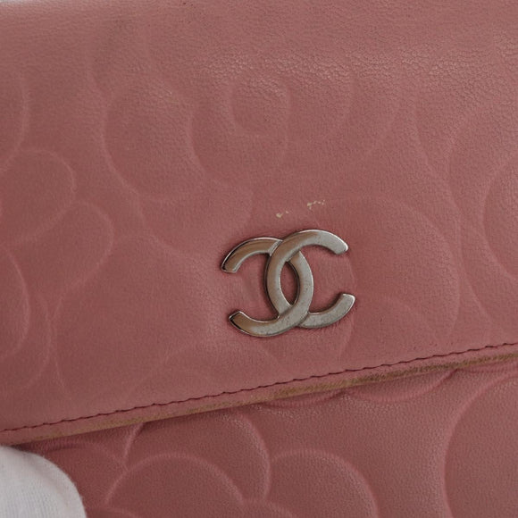 CHANEL Camelia Long Wallet Lamb Skin Pink CC Auth YKZ410