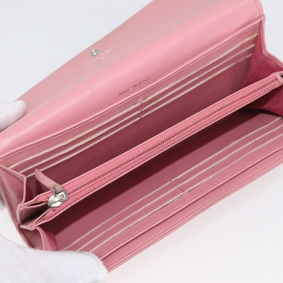 CHANEL Camelia Long Wallet Lamb Skin Pink CC Auth YKZ410