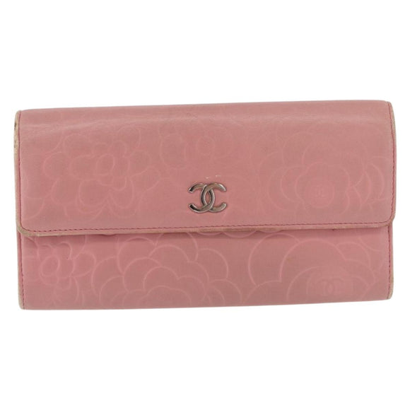 CHANEL Camelia Long Wallet Lamb Skin Pink CC Auth YKZ410
