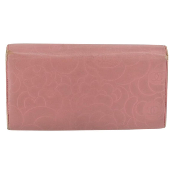 CHANEL Camelia Long Wallet Lamb Skin Pink CC Auth YKZ410