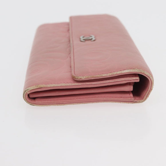 CHANEL Camelia Long Wallet Lamb Skin Pink CC Auth YKZ410