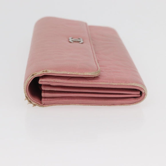 CHANEL Camelia Long Wallet Lamb Skin Pink CC Auth YKZ410