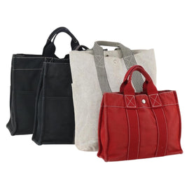 HERMES Fourre Tout Hand Bag Canvas 4 Set White Black Red Auth YKZ427