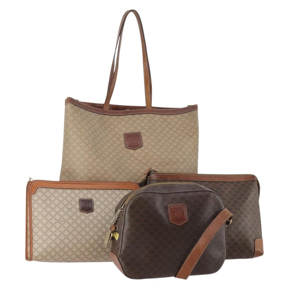 CELINE Macadam Canvas Bag PVC Leather 4 Set Brown beige Auth YKZ429