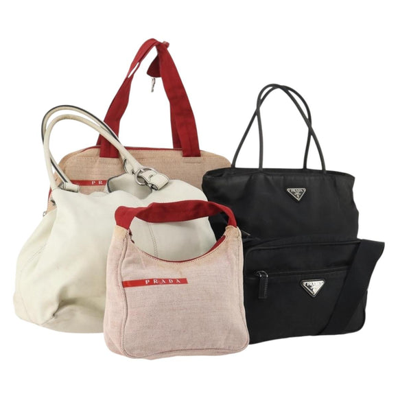 PRADA Sports Bag Nylon Canvas Leather 5 Set Red White khaki Auth YKZ432